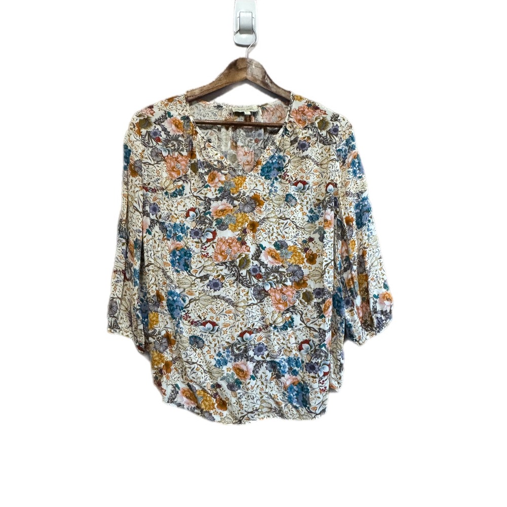 Lucy & Laurel Floral V-Neck Blouse Womens Large Multicolor Excellent‎ 3/4 Sleeve